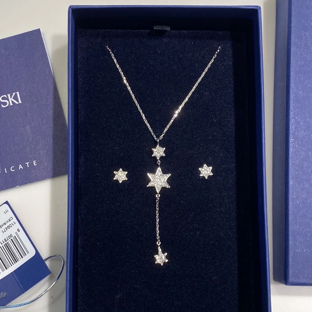 Swarovski Crystal & Silver Y-shaped Dangling Star Necklace Matching Earrings NWT - Picture 3 of 8